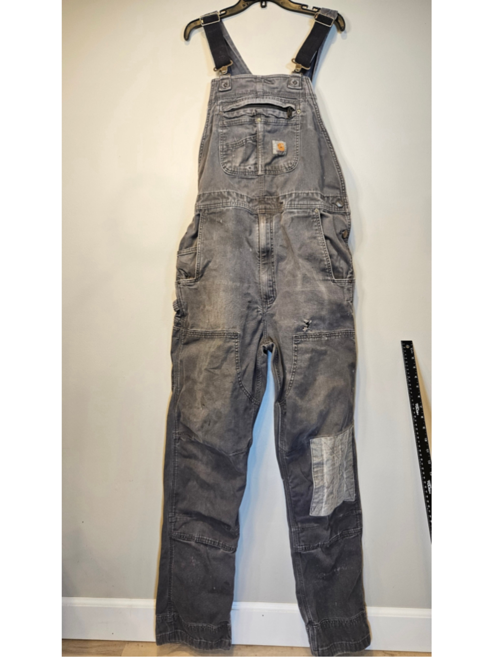 Carhartt R29 38x34 Distressed Duck Bib Overalls Faded Gray Workwear Double Knee
